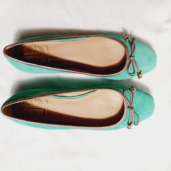 Lilly Pulitzer, Jewel Green Suede Flat Shoes, Size 7M, Gold Trim, Bow, Squared - Picture 16 of 16